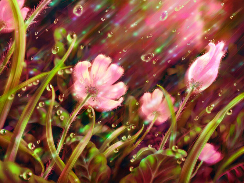Pink Flowers in Grass — Dreamy, Digital Art