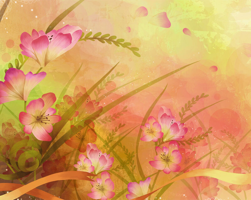Pink Flowers in Grass — Serene, Sunset, Digital Art