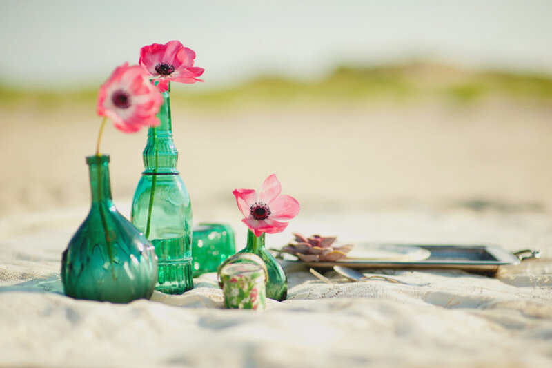 Pink Flowers in Green Vases