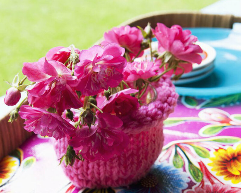 Pink Flowers in Knitted Vase