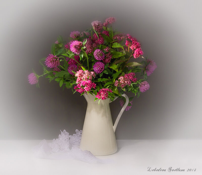 Pink Flowers in Pitcher — Serene, Photograph