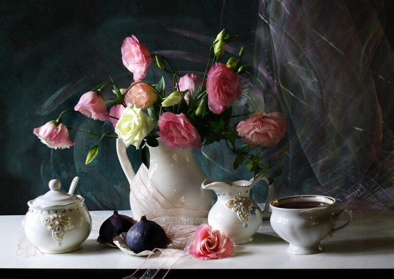 Pink Flowers in Pitcher — White