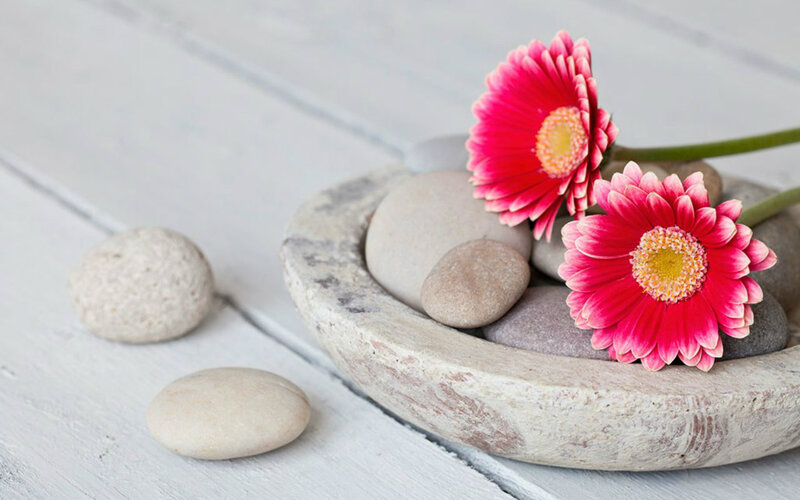 Pink Flowers in Stone Bowl