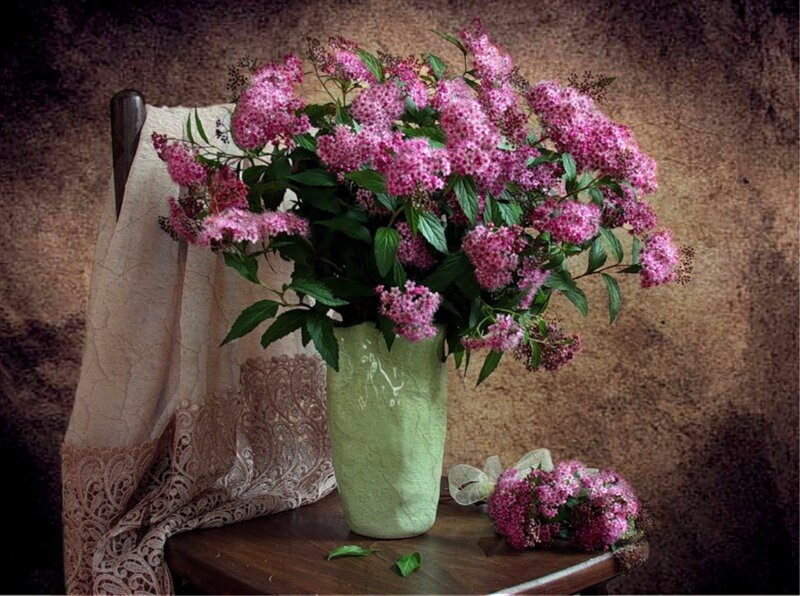 Pink Flowers in Vase — Calm, Photograph, Table