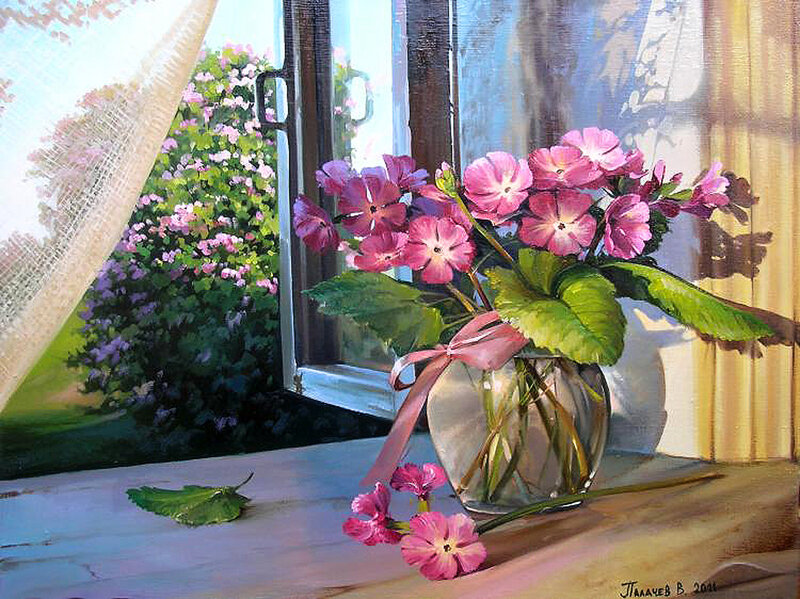 Pink Flowers in Vase — Serene, Afternoon, Painting