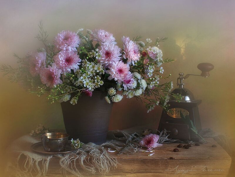 Pink Flowers in Vase — Serene, Photograph, Coffee Grinder