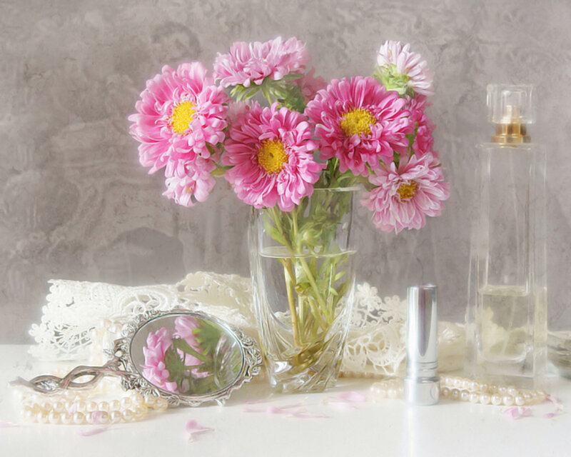 Pink Flowers in Vase — Serene, Photograph, Perfume Bottle