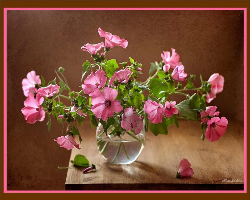 Pink Flowers in Vase — Serene, Photograph, Wooden Table