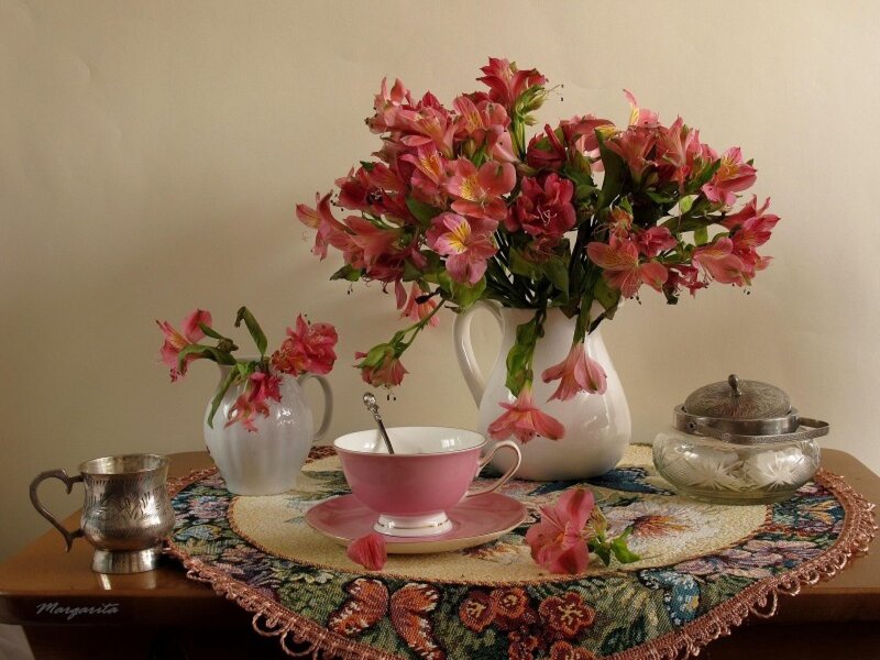 Pink Flowers in Vases — Serene, Photograph, Tea Cup