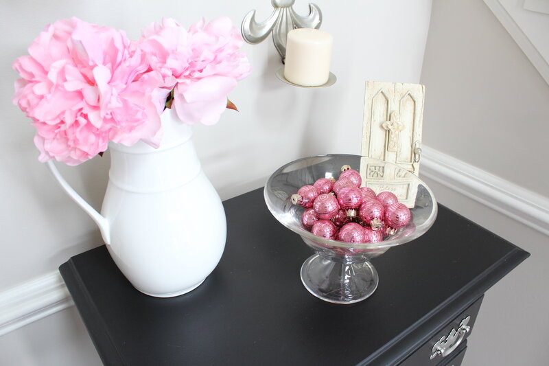Pink Flowers in White Pitcher — Black