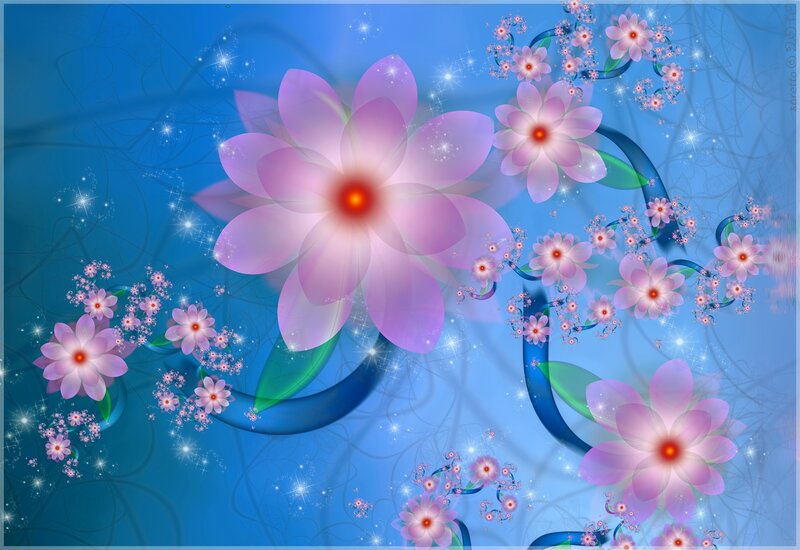 Pink Flowers on Blue Background — Dreamy, Digital Art