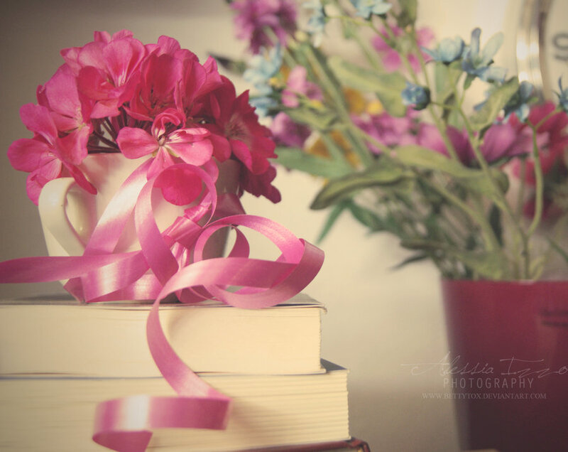 Pink Flowers on Books