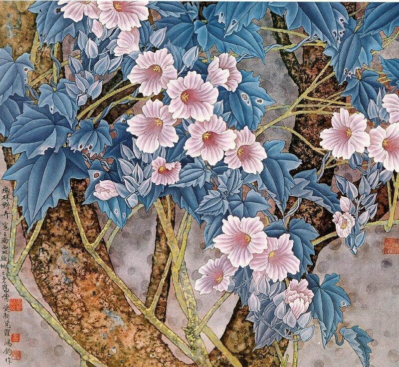 Pink Flowers on Vines — Blue