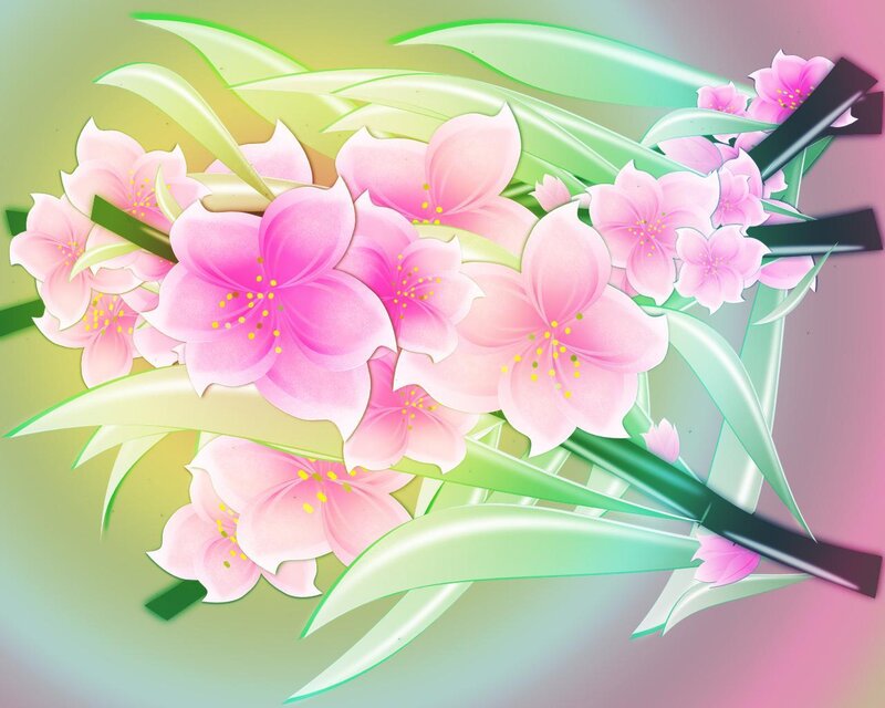 Pink Flowers with Green Leaves — Calm, Spring, Digital Art, Stems