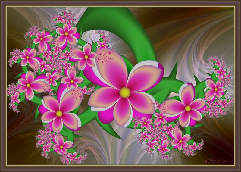 Pink Flowers with Green Leaves — Vibrant, Digital Art, Fractal Pattern
