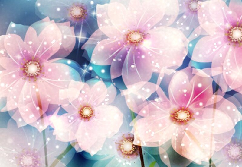 Pink Flowers with Sparkles — Dreamy, Digital Art, Blue Background