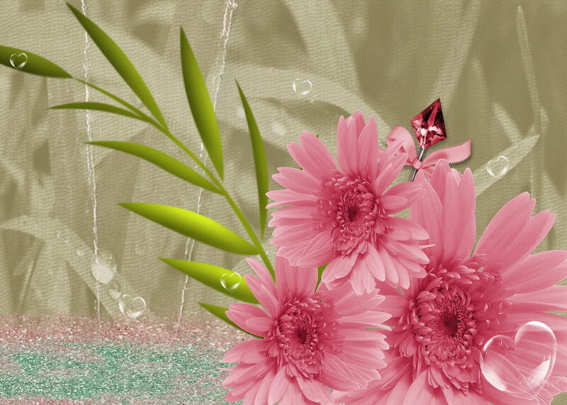 Pink Gerbera Daisies — Serene, Digital Art, Green Leaves