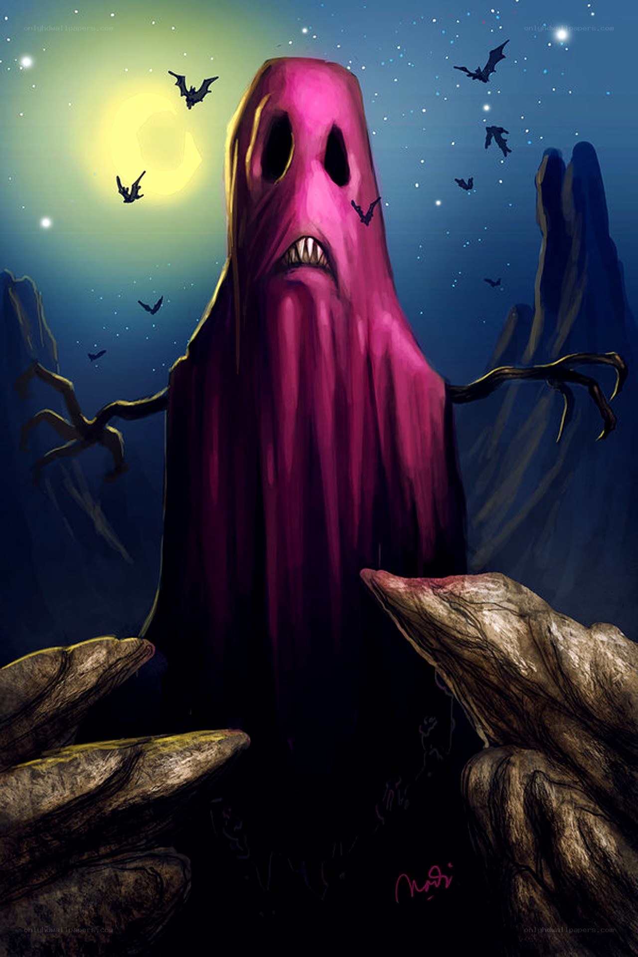 pink ghost in a dark landscape
