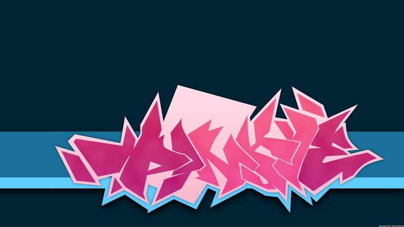 pink graffiti text on blue background