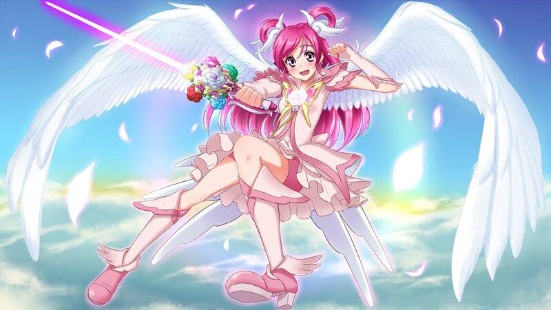 pink-haired angel girl in sky