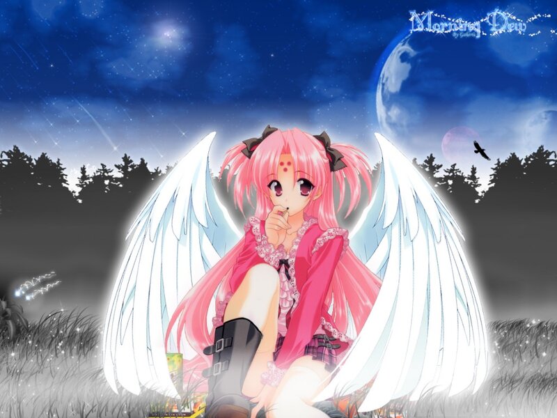 Pink-haired Angel Girl — Pink, Serene, Night, Anime