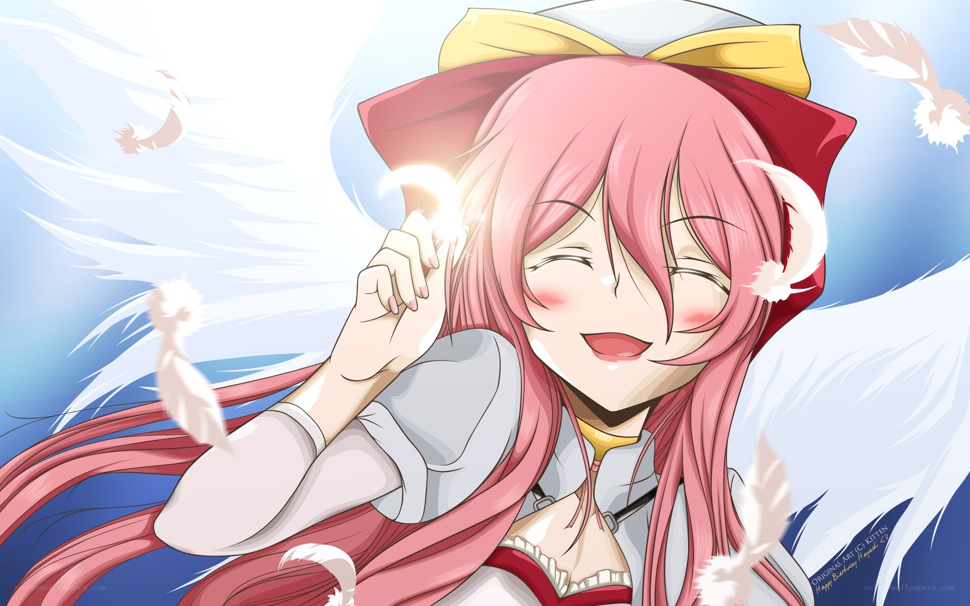 pink-haired angel girl smiling