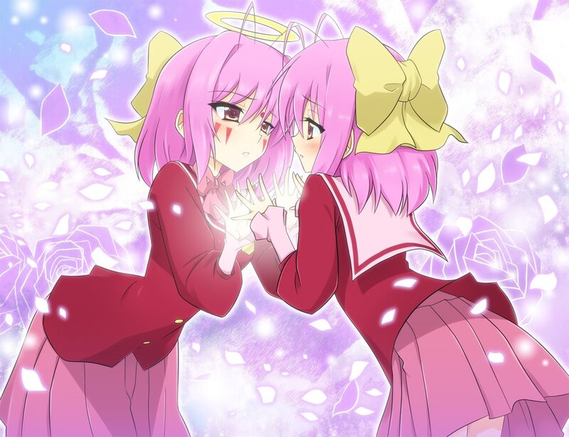 Pink-haired angel girls in school uniforms