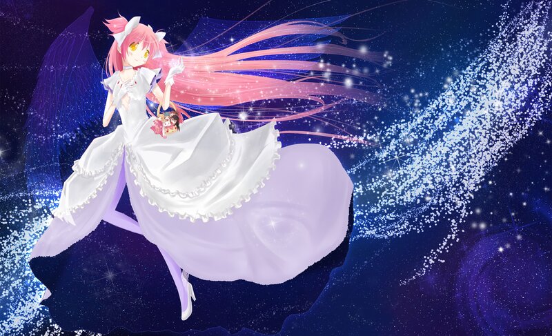 pink-haired angel in white dress