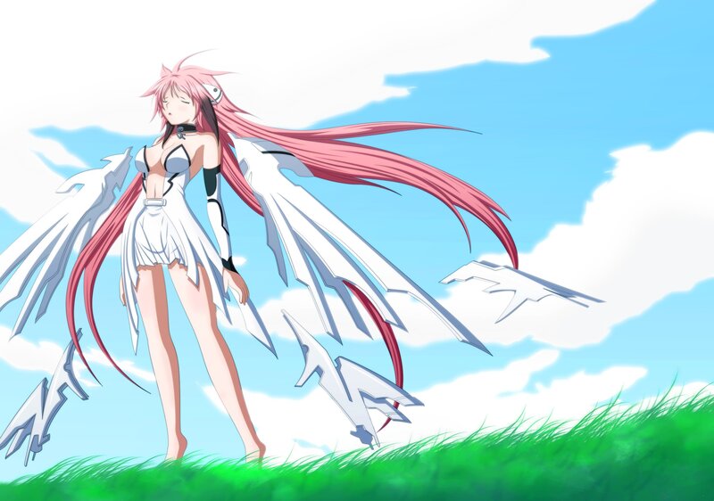 pink-haired angel in white dress