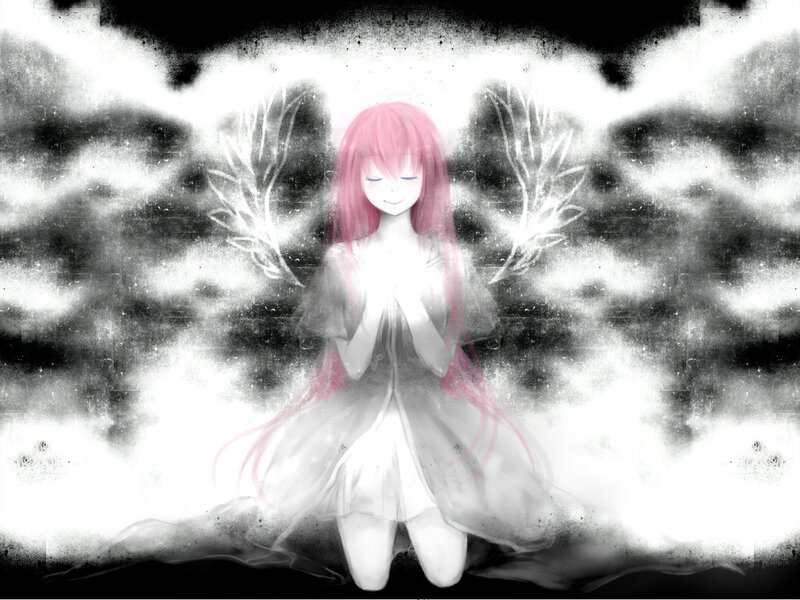 pink-haired angel in white dress