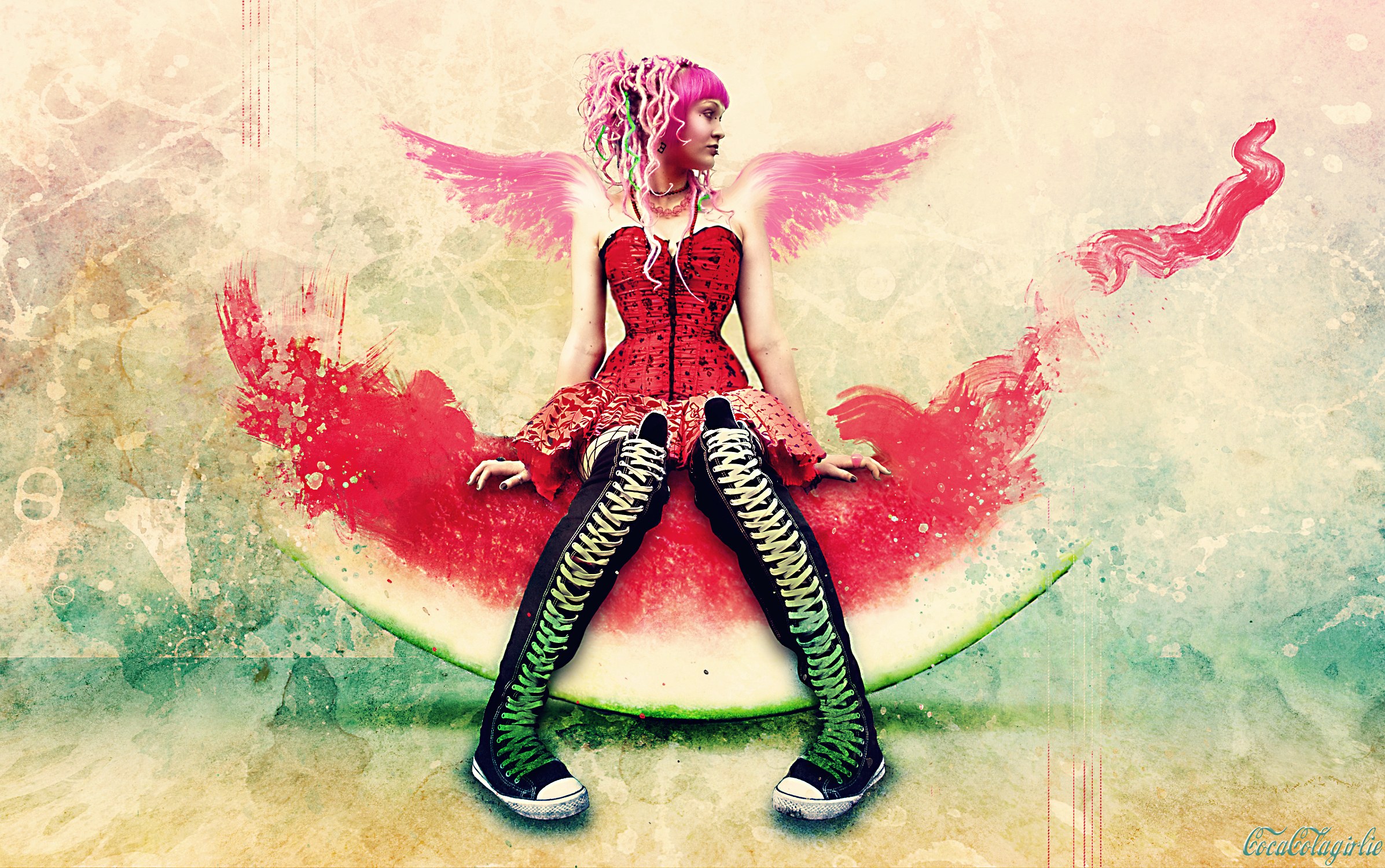 pink-haired angel on watermelon