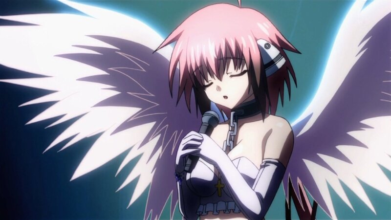 pink-haired angel singing