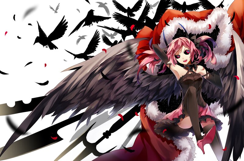 pink-haired angel with black wings