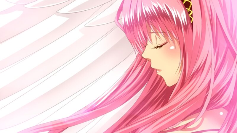 pink-haired angel with closed eyes