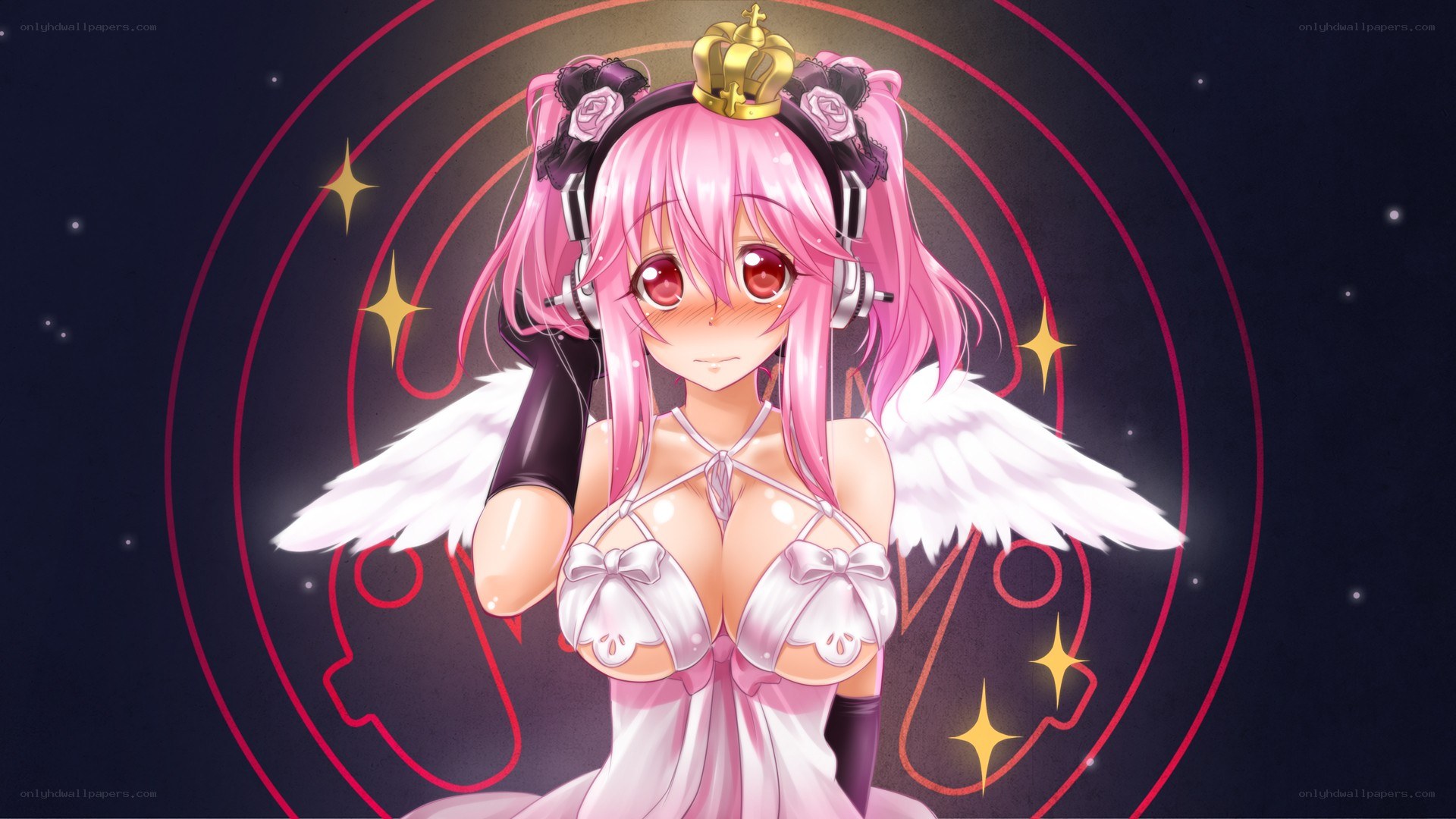 pink-haired angel with headphones