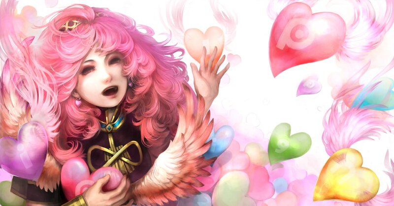 pink-haired angel with hearts