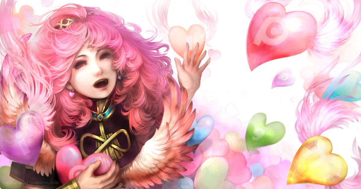 pink-haired angel with hearts