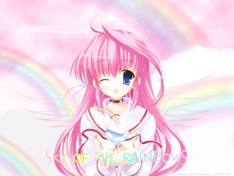 Pink-haired angel with rainbow wings