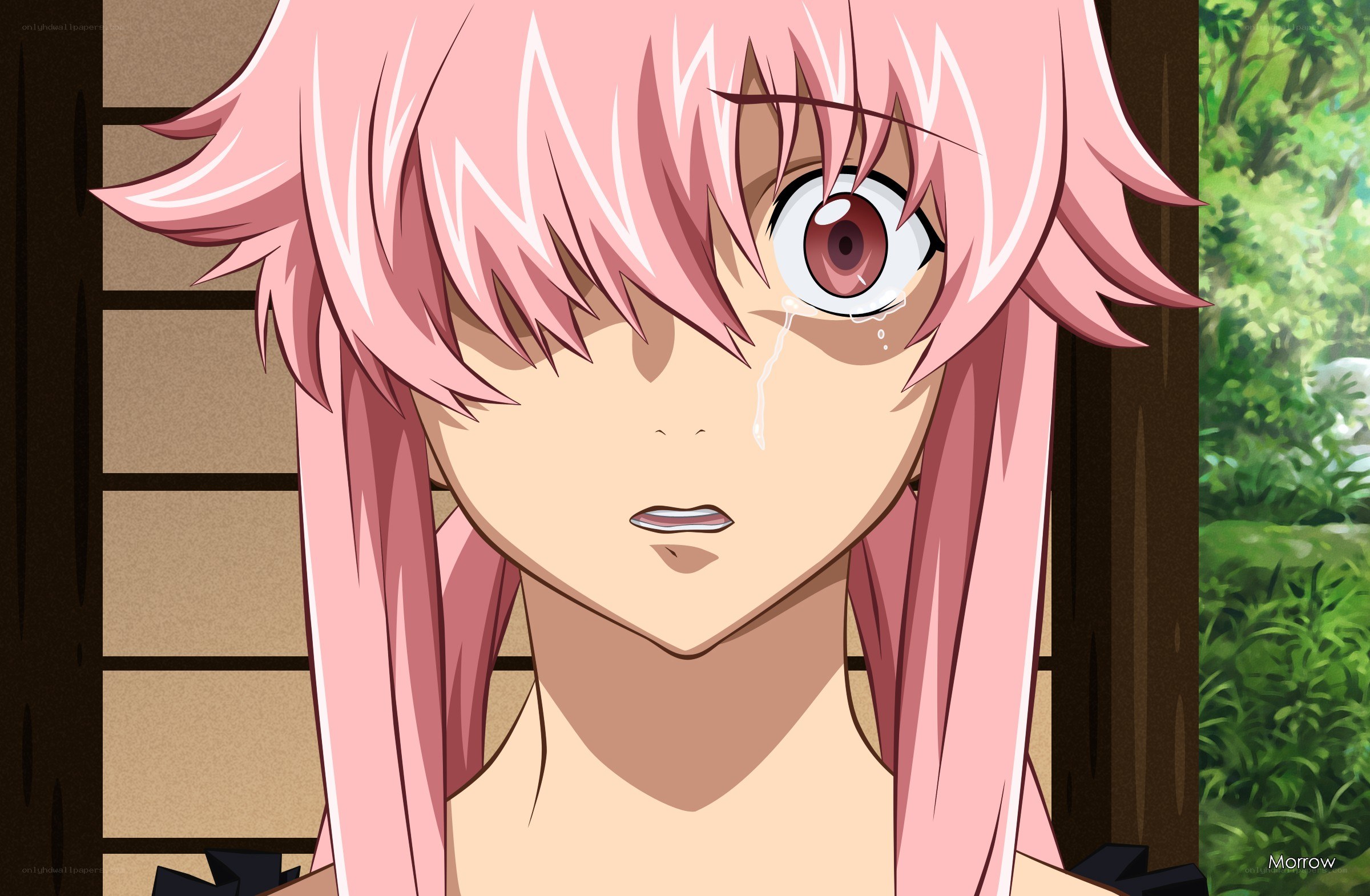 pink-haired anime character crying