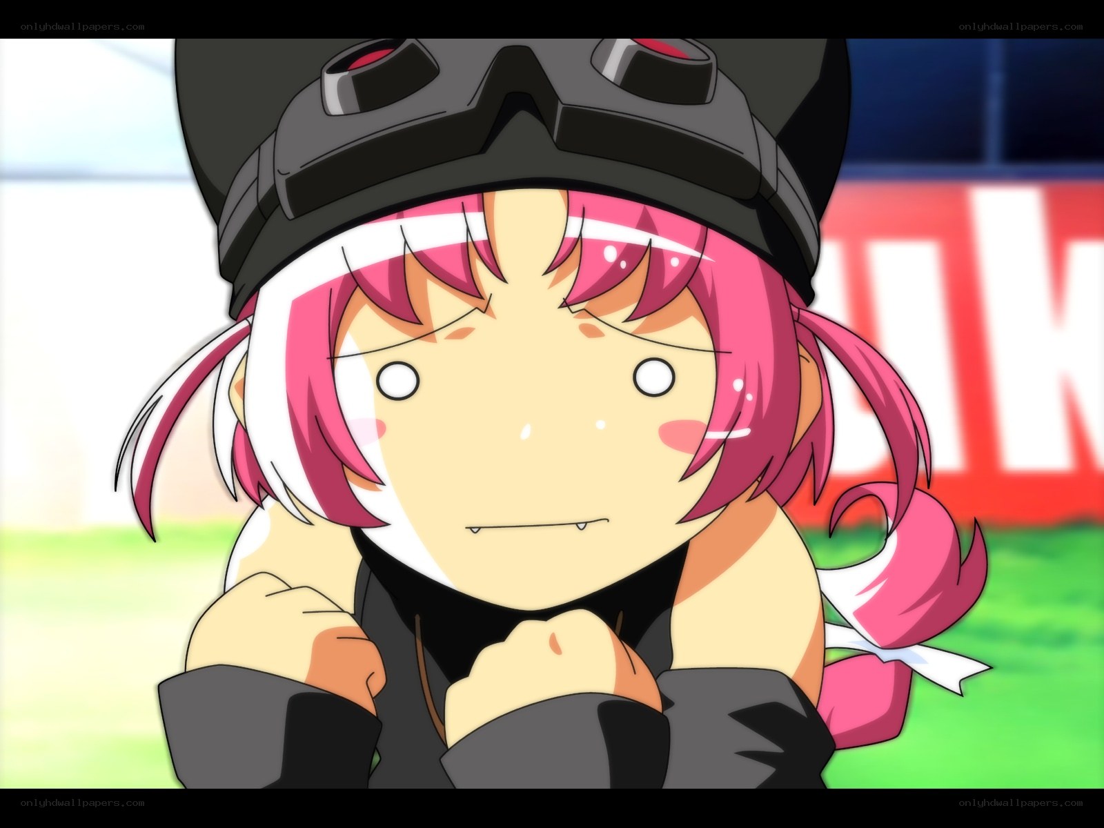 pink-haired anime character in helmet