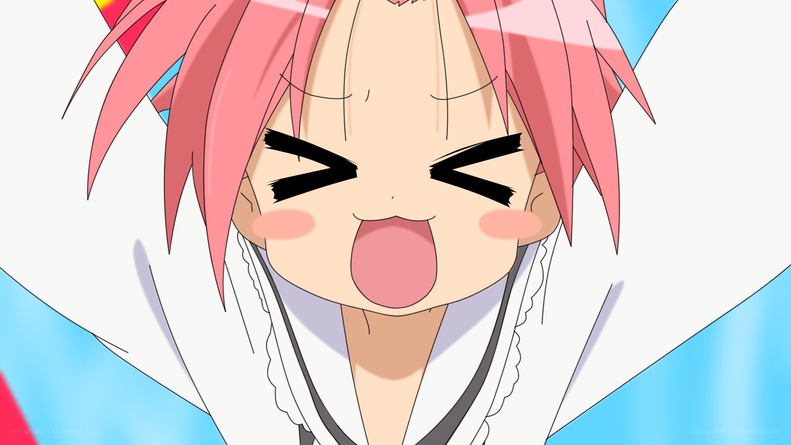 pink-haired anime character laughing
