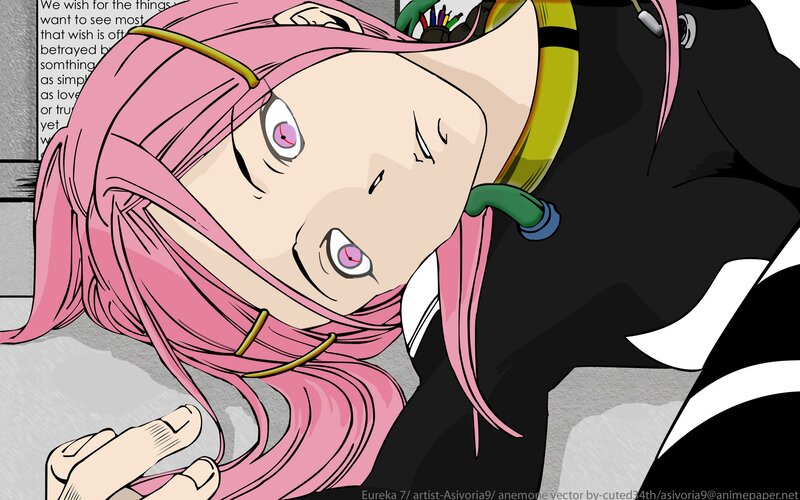 pink-haired anime character lying down