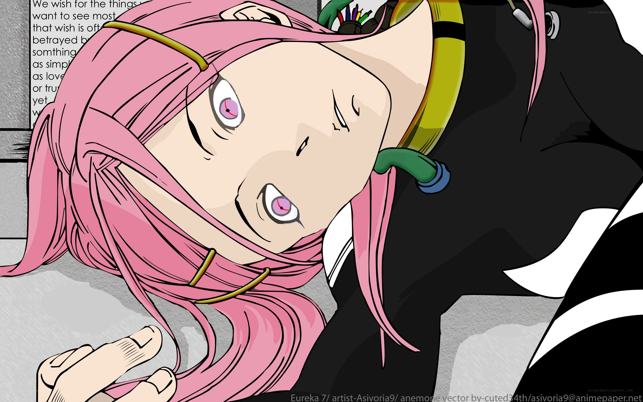 pink-haired anime character lying down