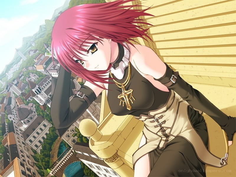pink-haired anime character on balcony