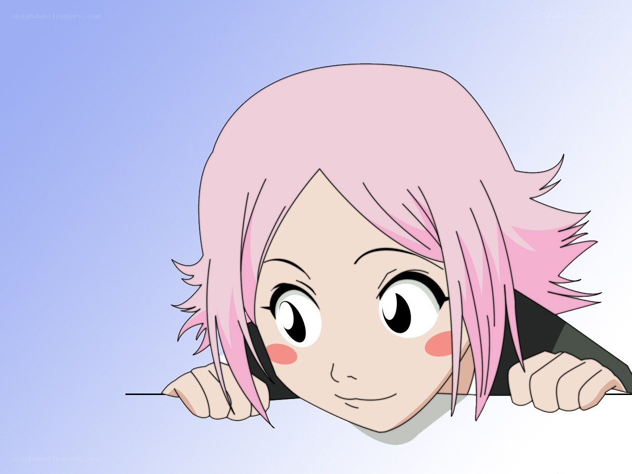pink-haired anime character peeking