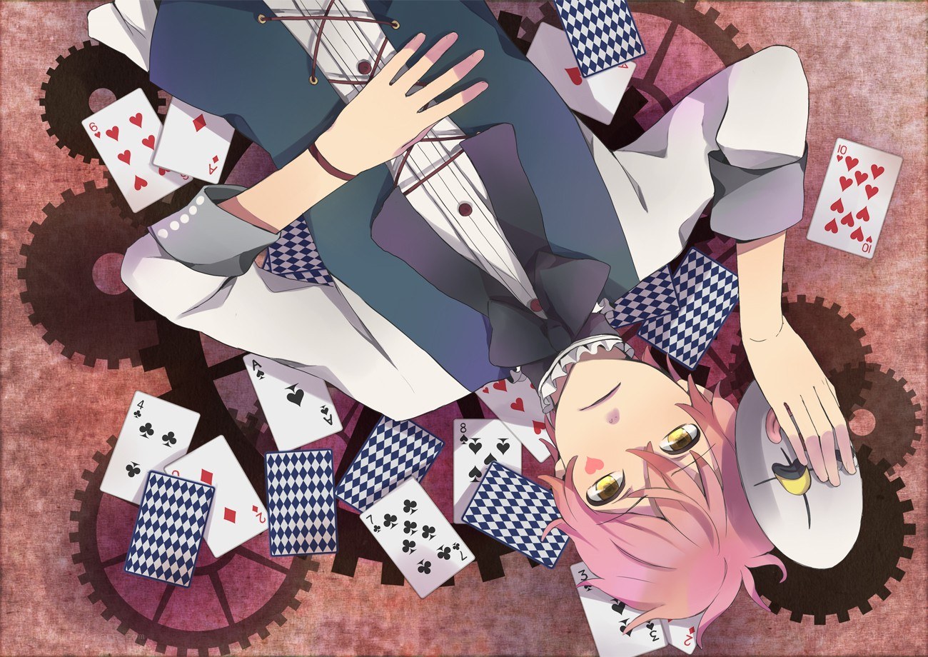 pink-haired anime character with cards