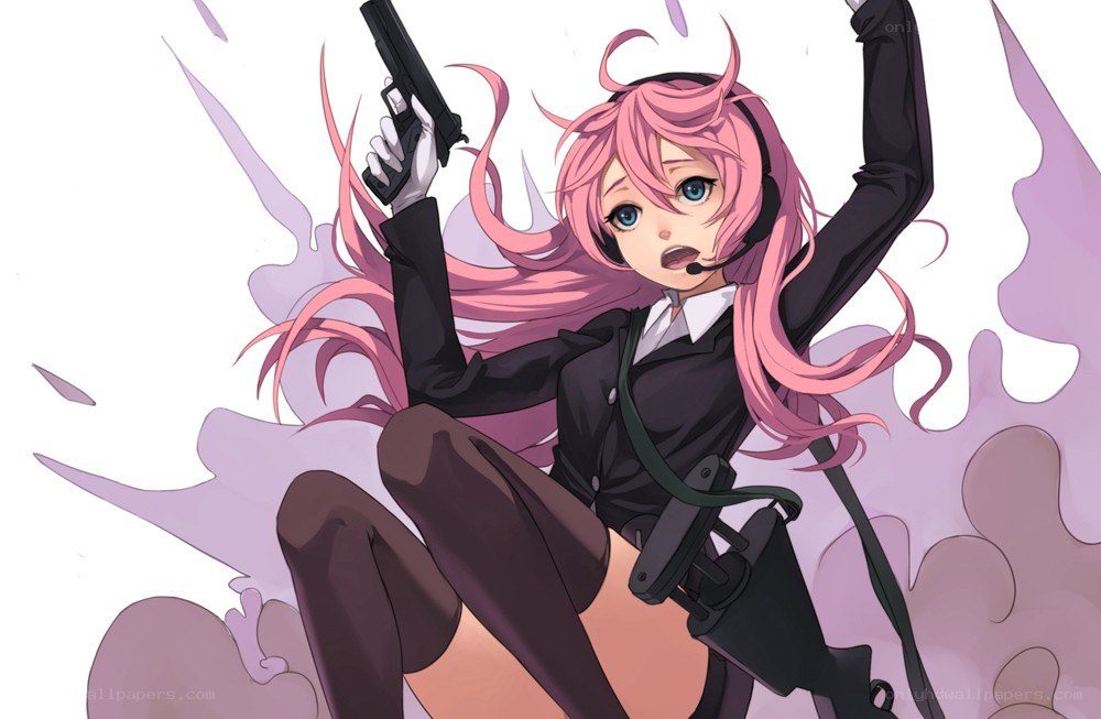 pink-haired anime character with gun