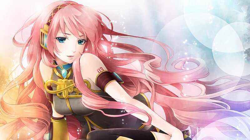 pink-haired anime character with headphones
