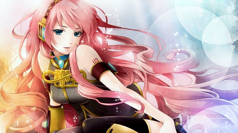 pink-haired anime character with headphones