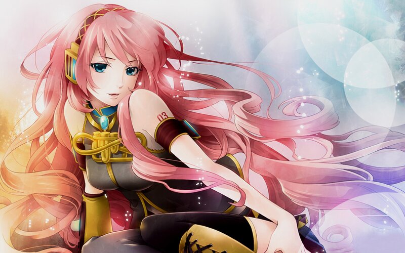 pink-haired anime character with headphones